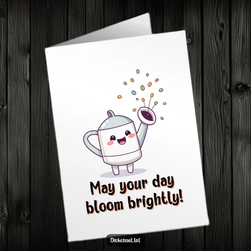 Funny Free Printable watering can character spraying a colorful rainbow, perfect for a cheerful birthday card.