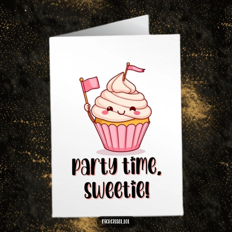 Funny Free Printable Birthday Card featuring a giddy cupcake character enthusiastically waving a small celebratory flag, perfect for a DIY gift.