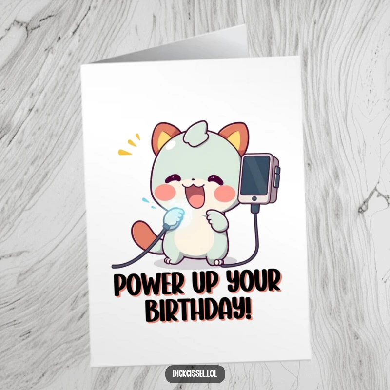 Funny Free Printable Birthday Card: Excited creature plugging a bright glowing cable into a mysterious device with pure joy.