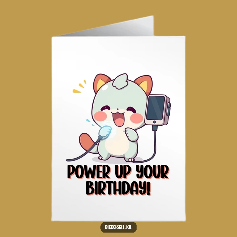 Free Printable Birthday Card: Funny Techie Creature Plugging In Joyful Cable Gift