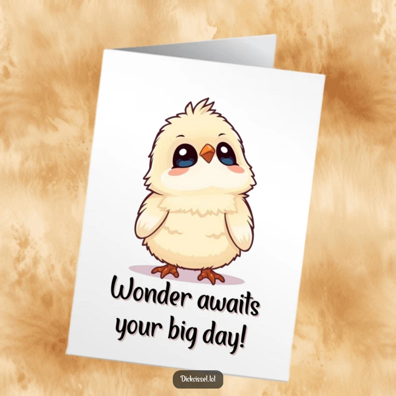 Funny Free Printable Birthday Card showing a fluffy bird tilting its head up, eyes wide with wonder, celebrating a special occasion.