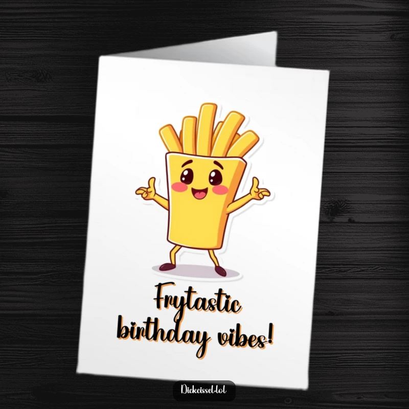 Funny Free Printable Birthday Card featuring a cheerful french fry character striking a dynamic pose, ready to celebrate.