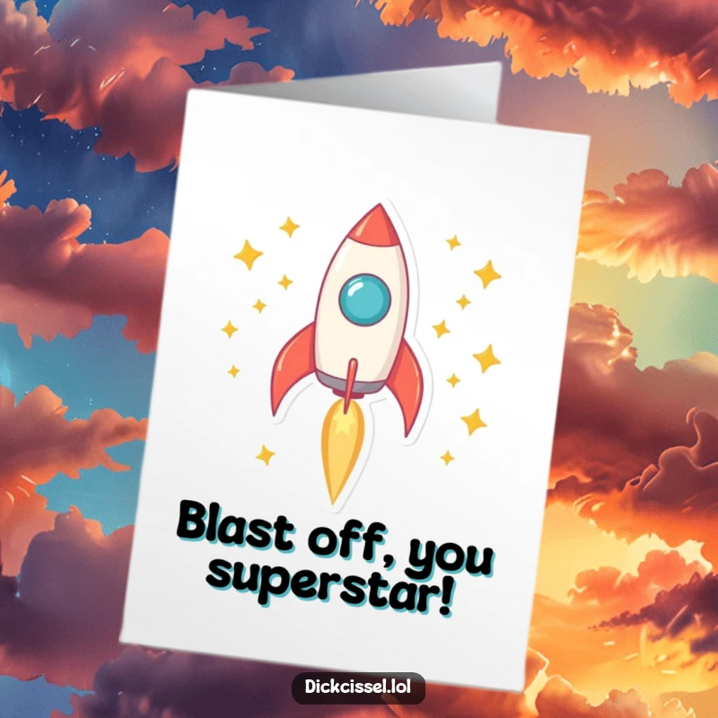 Funny Free Printable Congrats Card: A rocket blasting off with stars, celebrating success. Downloadable gift.