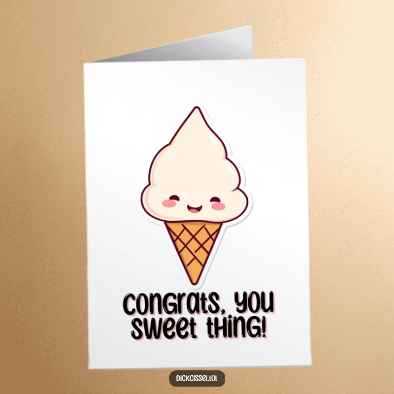 Funny Free Printable Congrats Card: A smiling ice cream cone offering a cone, celebrating success. Downloadable gift.
