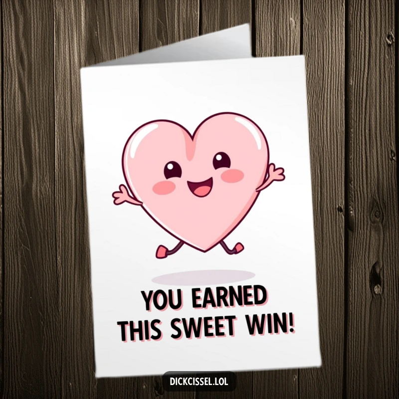 Funny free printable congratulations card featuring a small candy heart in a playful bounce, expressing delight.