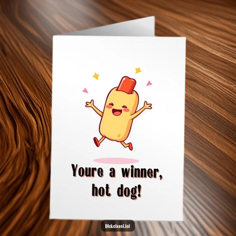 Funny Free Printable Congratulations Card featuring a smiling hot dog character mid-air in a happy celebratory jump, ideal for a downloadable gift.