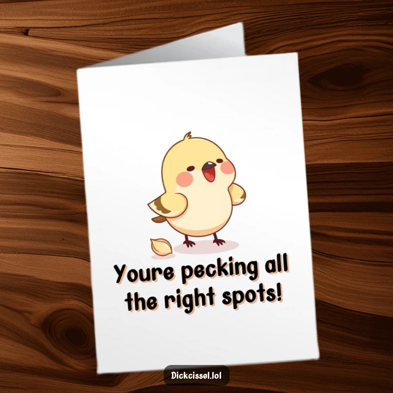 Funny Free Printable Congratulations Card showing a small bird intently pecking at an invisible seed, celebrating focus and success.