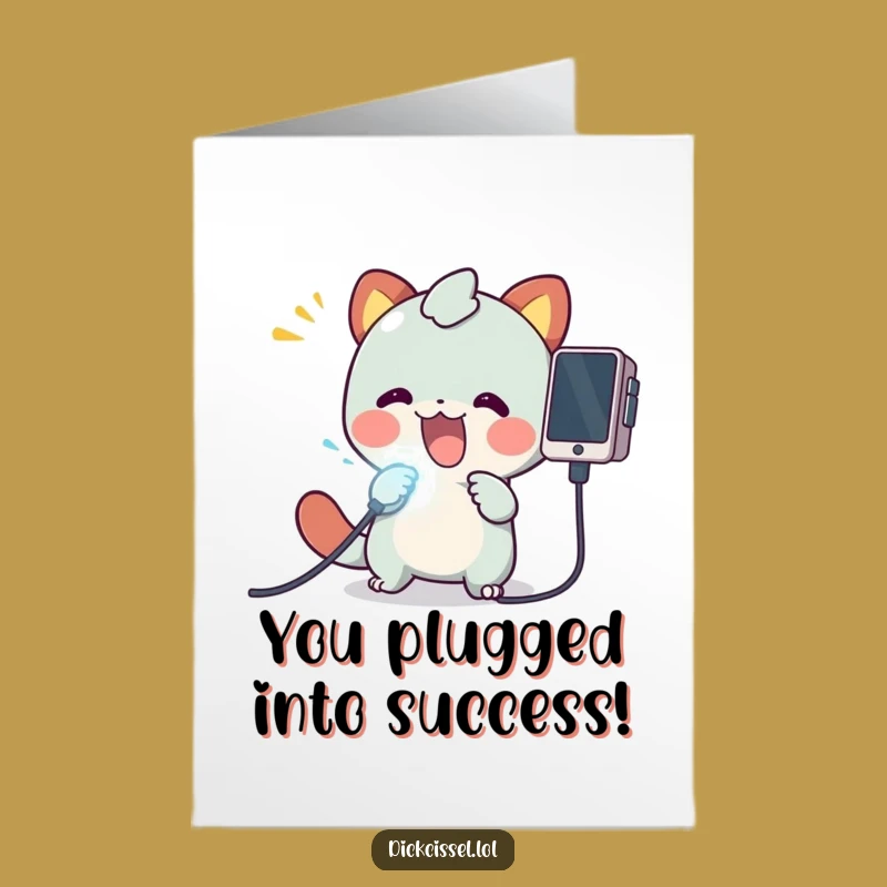 Free Printable Congrats Card: Tech Success Creature Plugging In Glowing Achievement Cable