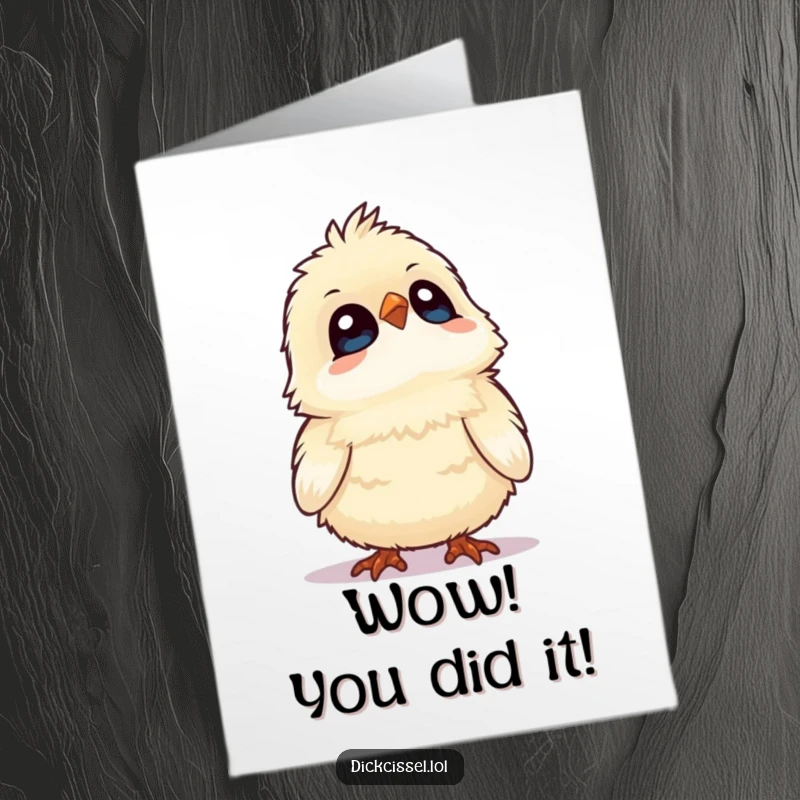 Funny Free Printable Congratulations Card featuring a fluffy bird with eyes wide in wonder, looking up in amazement at success.