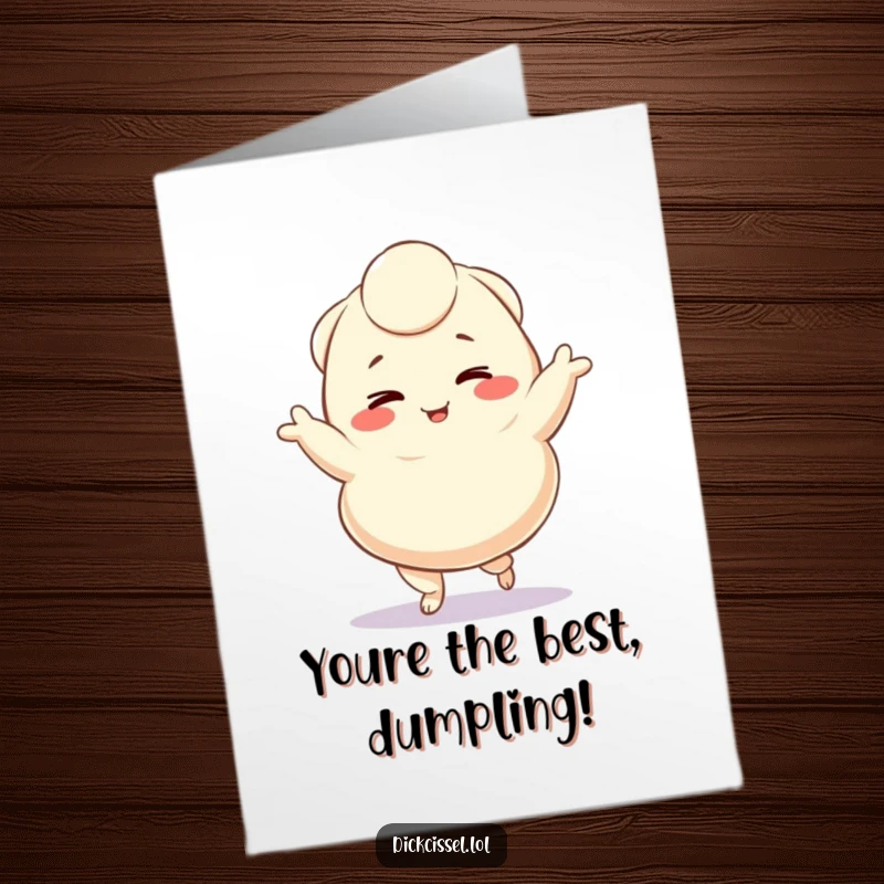 Funny Free Printable Congratulations Card with a winking dumpling character performing a delightful celebratory jig, ideal for a downloadable gift.