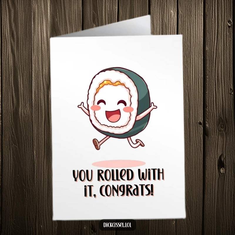 Funny Free Printable Congratulations Card with a smiling sushi roll performing a playful leap of joy.
