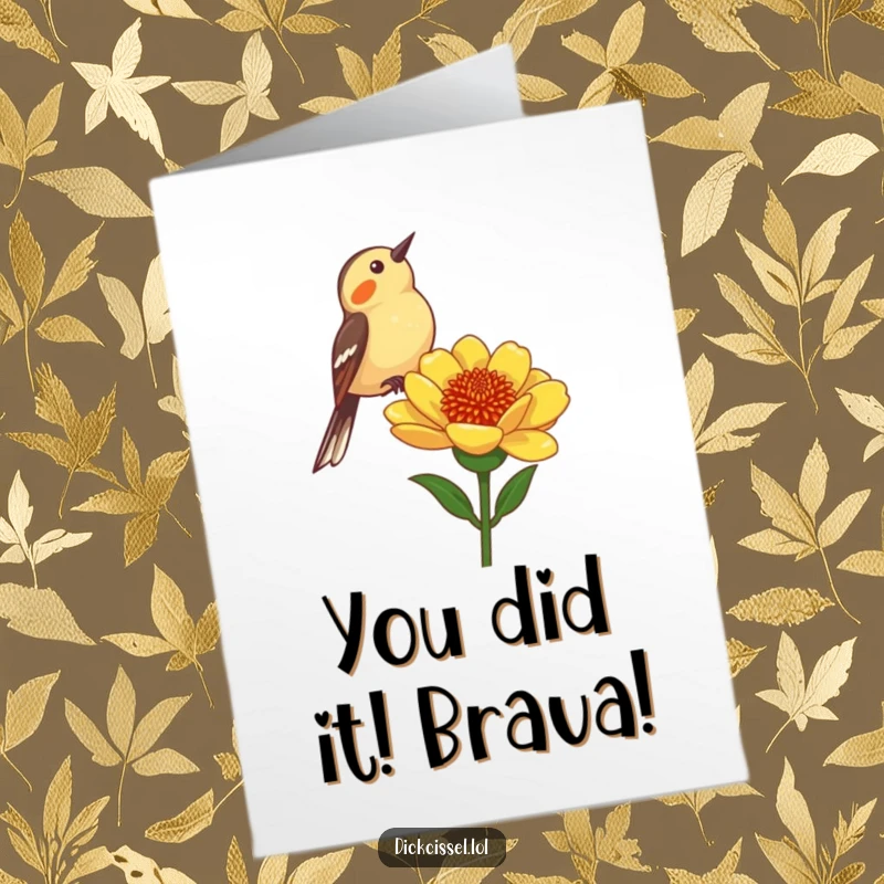 Funny Free Printable Dickcissel Congratulations Card: A cheerful bird whistling with joy from a flower, celebrating success.