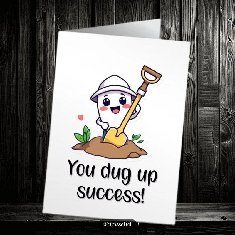 Funny Free Printable smiling trowel character enthusiastically digging a hole for a celebratory message.