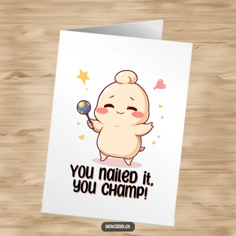 Funny free printable congratulations card showing a winking dumpling character failing at juggling, dropping everything with a wink.