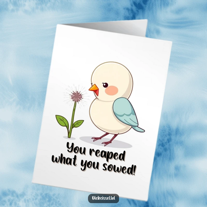 Funny Free Printable Congrats Card: Goofy bird joyfully pecking a dandelion puff, celebrating success with a giggle.