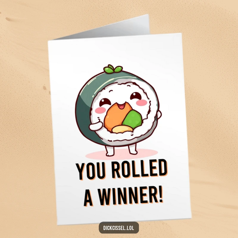 Funny Free Printable Congratulations Card: A delighted sushi roll character offers a bite, symbolizing shared joy and momentous achievements.