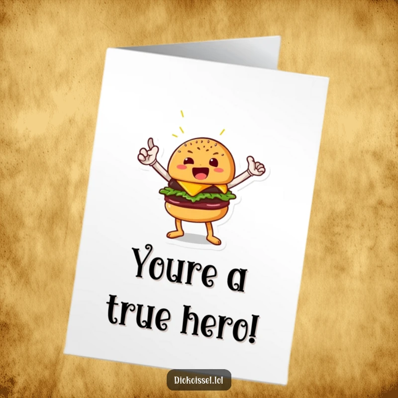 Funny Free Printable Congratulations Card with a beaming burger hero striking a valiant pose, great for a DIY congratulatory message.