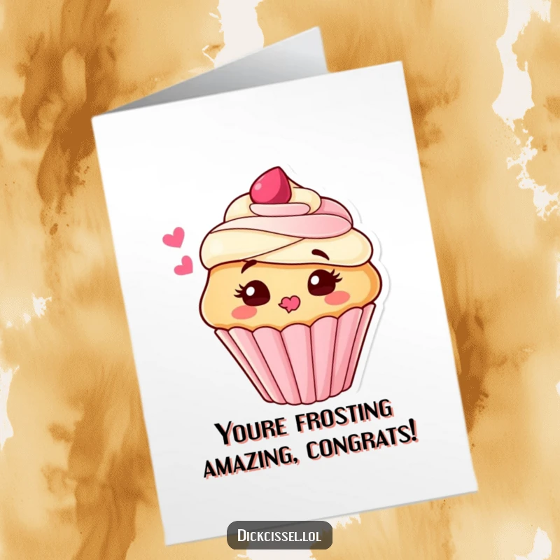 Funny Free Printable Congratulations Card with a playful cupcake blowing a frosting kiss, perfect for celebrating wins.