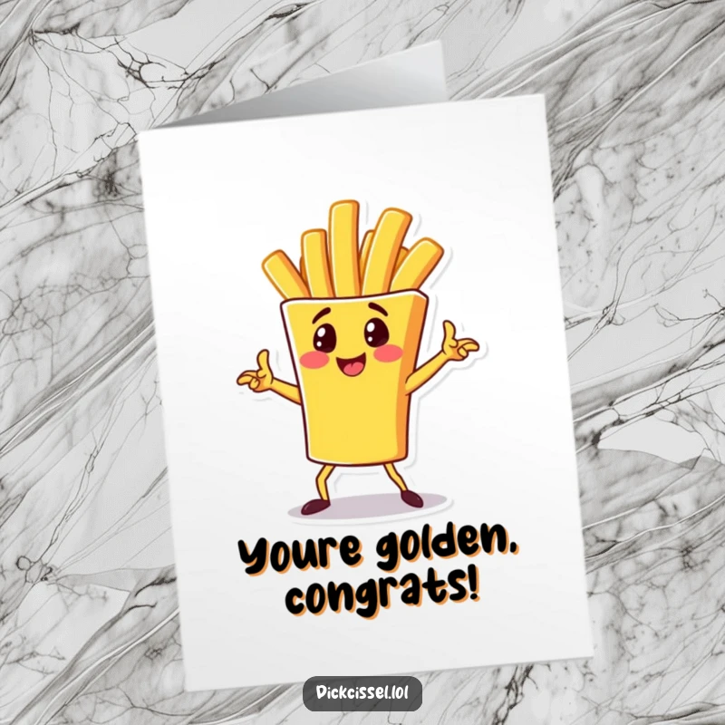 Funny Free Printable Congratulations Card with a cheerful french fry character striking a dynamic pose, perfect for winners.