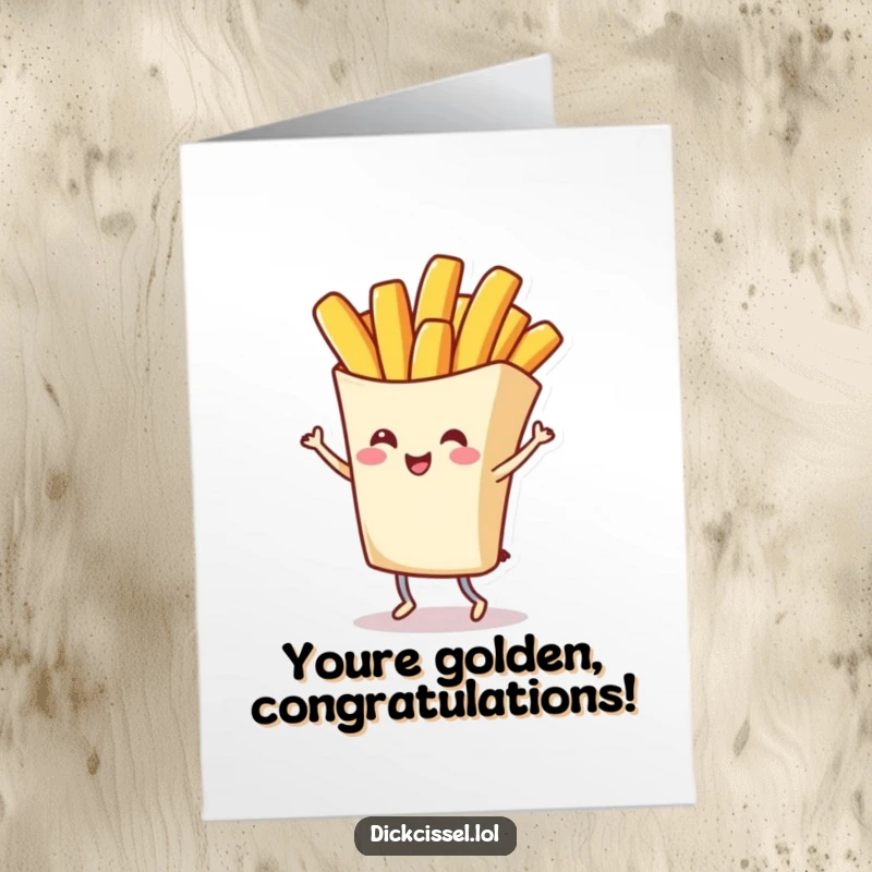 Funny Free Printable Congratulations Card with a cheerful french fry character doing a big, celebratory twirl, ideal for a downloadable gift.
