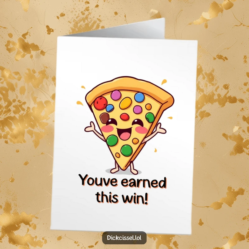 Funny Free Printable Congratulations Card: A happy pizza slice juggling toppings, celebrating a successful and well-deserved accomplishment.