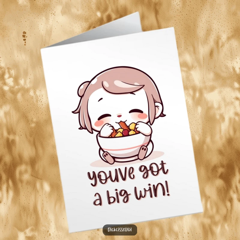 Funny Free Printable Congratulations Card: A character stuffing its cheeks with snacks from a bowl, celebrating a win.