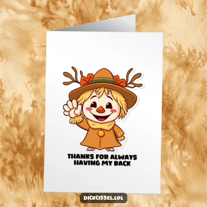 Funny Free Printable Thank You Card with a grinning scarecrow waving, conveying thanks with a rustic charm. A warm and welcoming expression of gratitude.