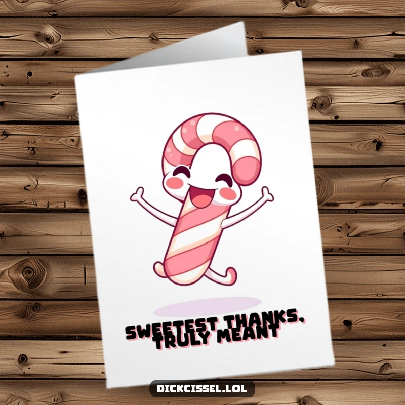 Funny Free Printable Thank You Card: A happy candy cane bounces with thanks, showing gratitude with a jump.