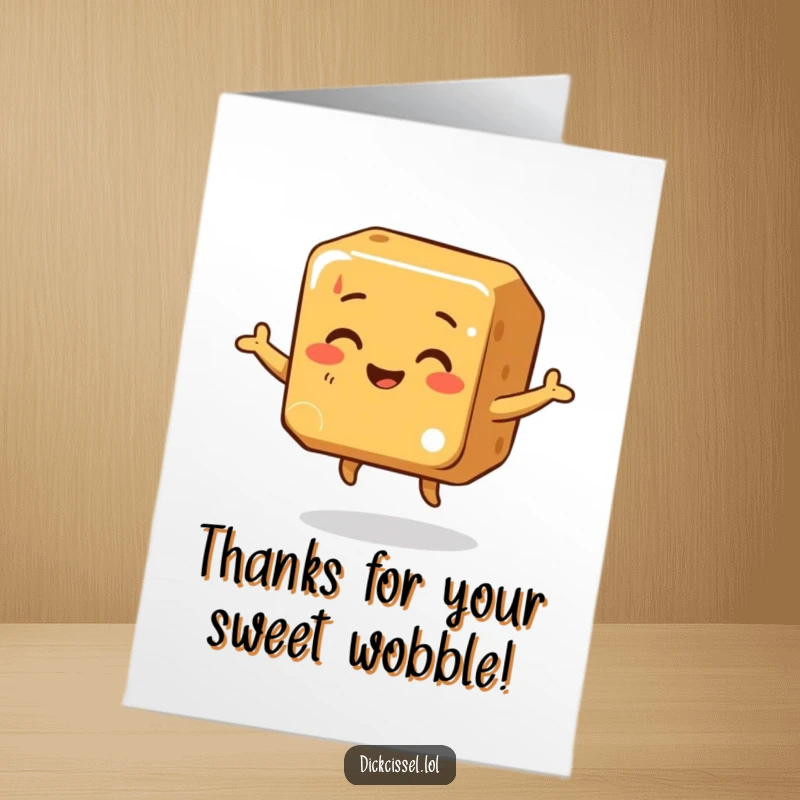 Funny free printable thank you card of a happy caramel cube doing a joyous, wobbly dance.