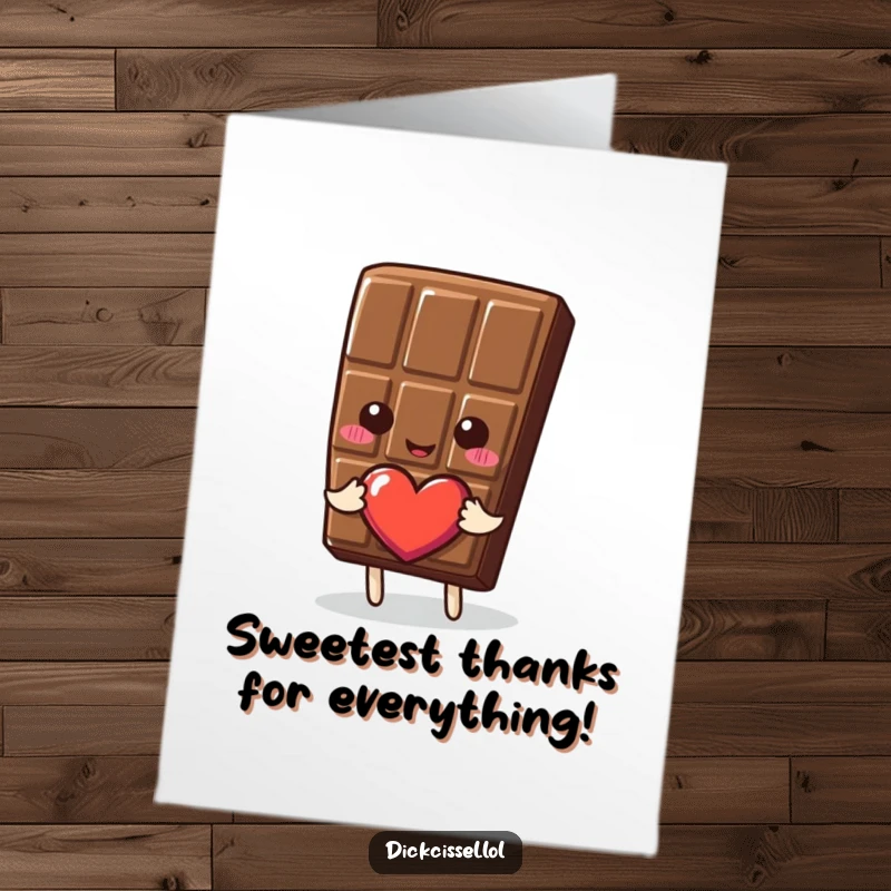 Funny free printable thank you card with a cheerful chocolate bar offering a heart, conveying appreciation.