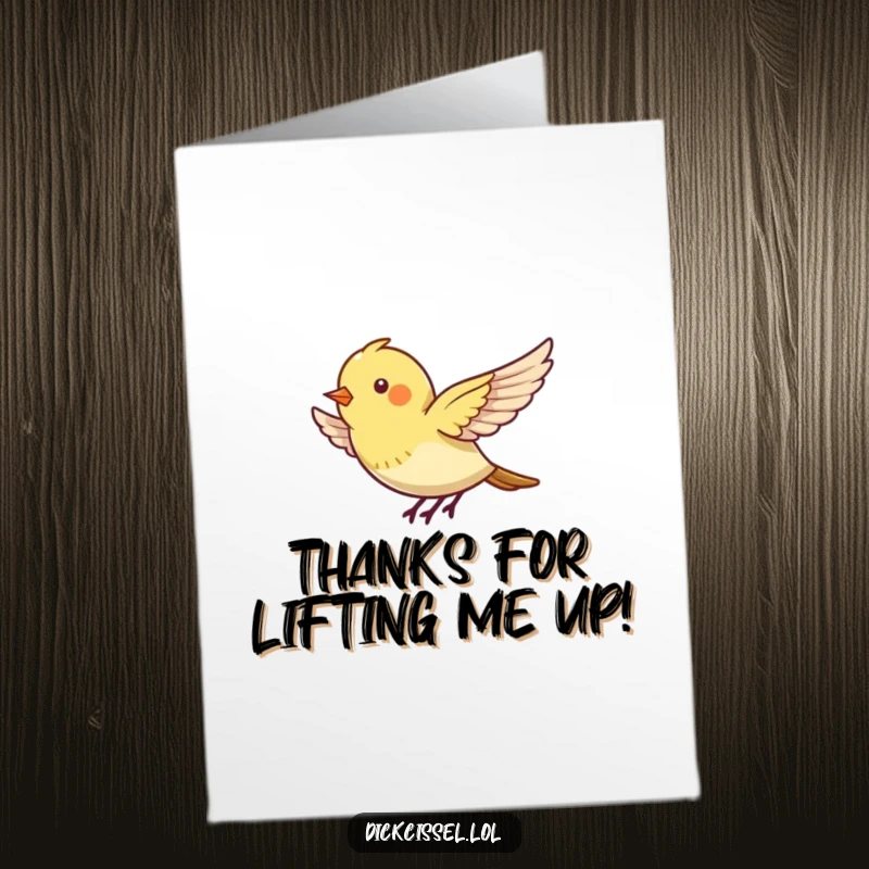 Funny Free Printable Thank You Card: A tiny bird humorously hovering with energetic wing flaps, expressing thanks.