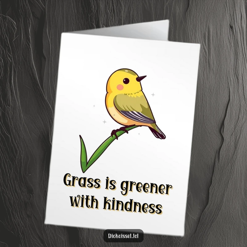 Funny Free Printable Thank You Card featuring a funny dickcissel bird balancing on the tip of a blade of grass.