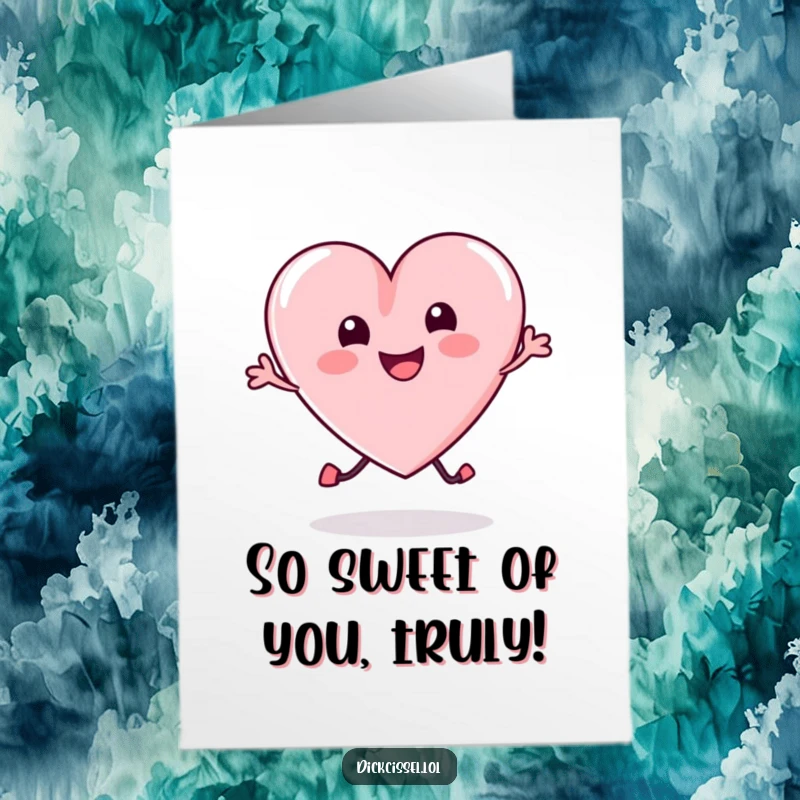 Funny free printable thank you card depicting a happy candy heart executing an energetic bounce, conveying thanks.