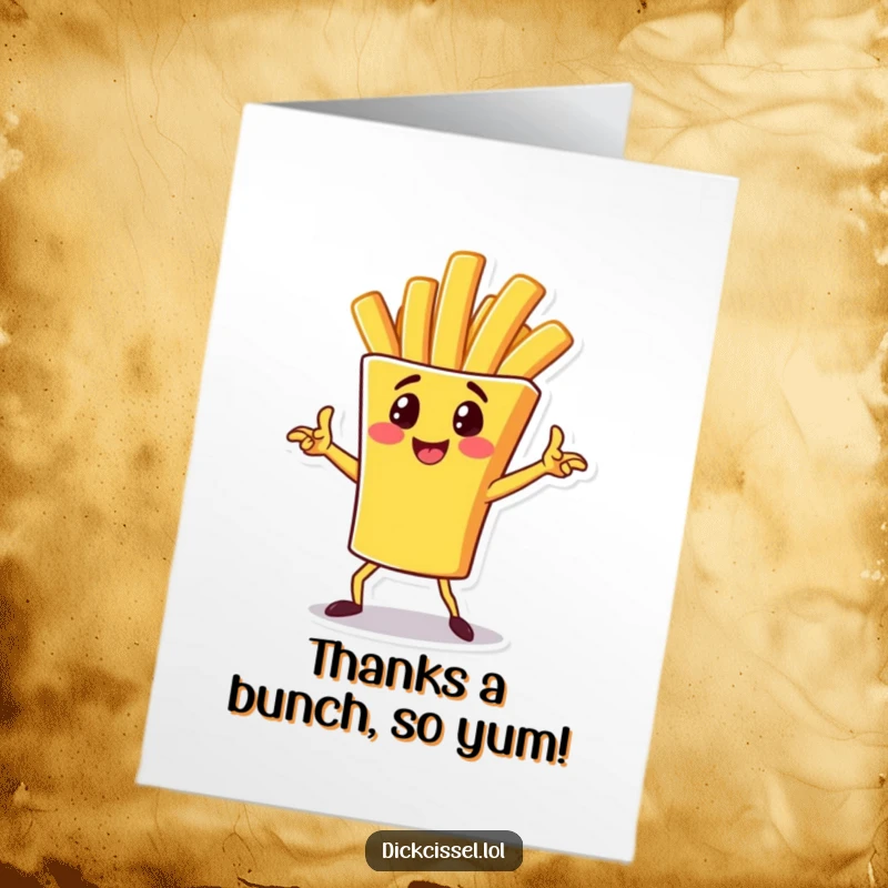 Funny Free Printable Thank You Card featuring a cheerful french fry character in a dynamic pose, ideal for expressing thanks.