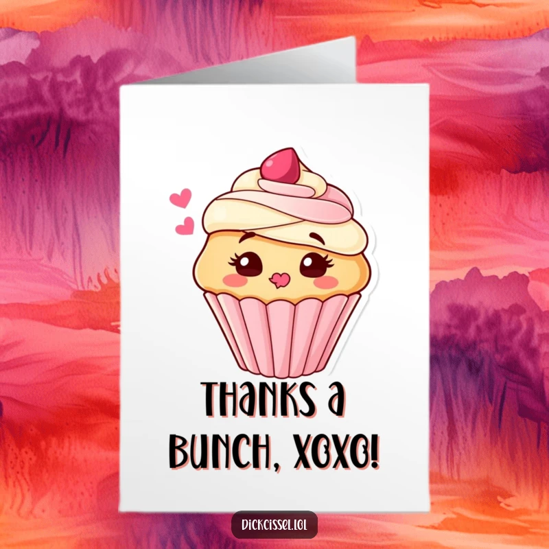 Funny Free Printable Thank You Card featuring a cute cupcake character sending a sweet frosting kiss, ideal for expressing thanks.