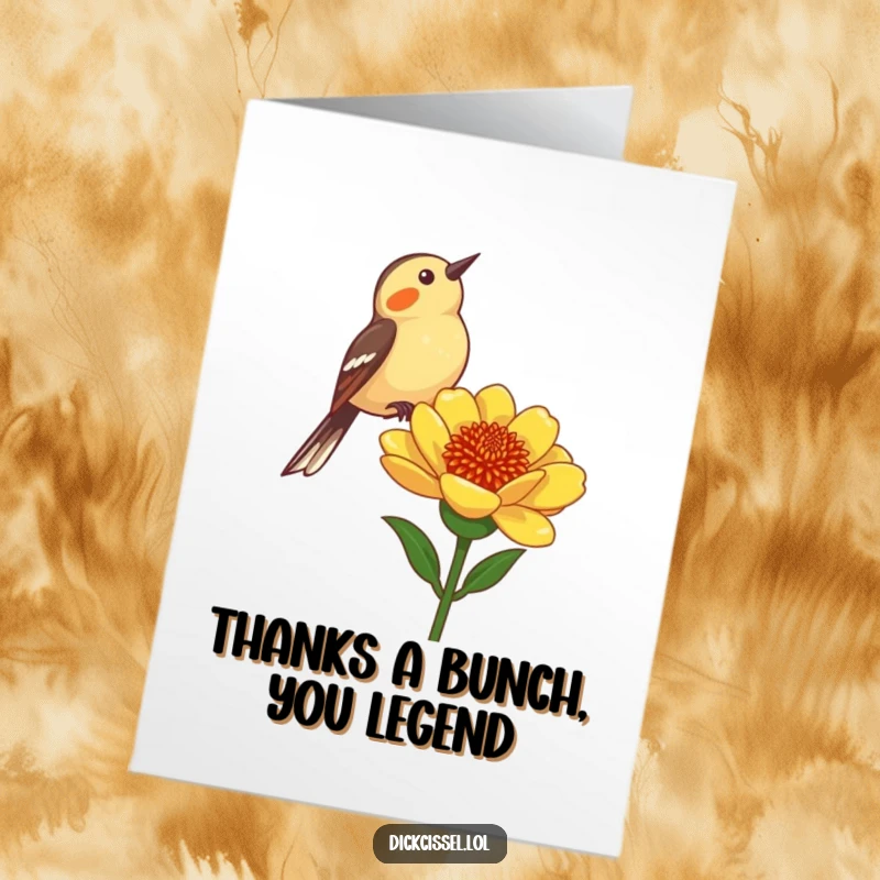 Funny Free Printable Dickcissel Thank You Card: A happy bird chirping from a flower, conveying sincere thanks with humor.