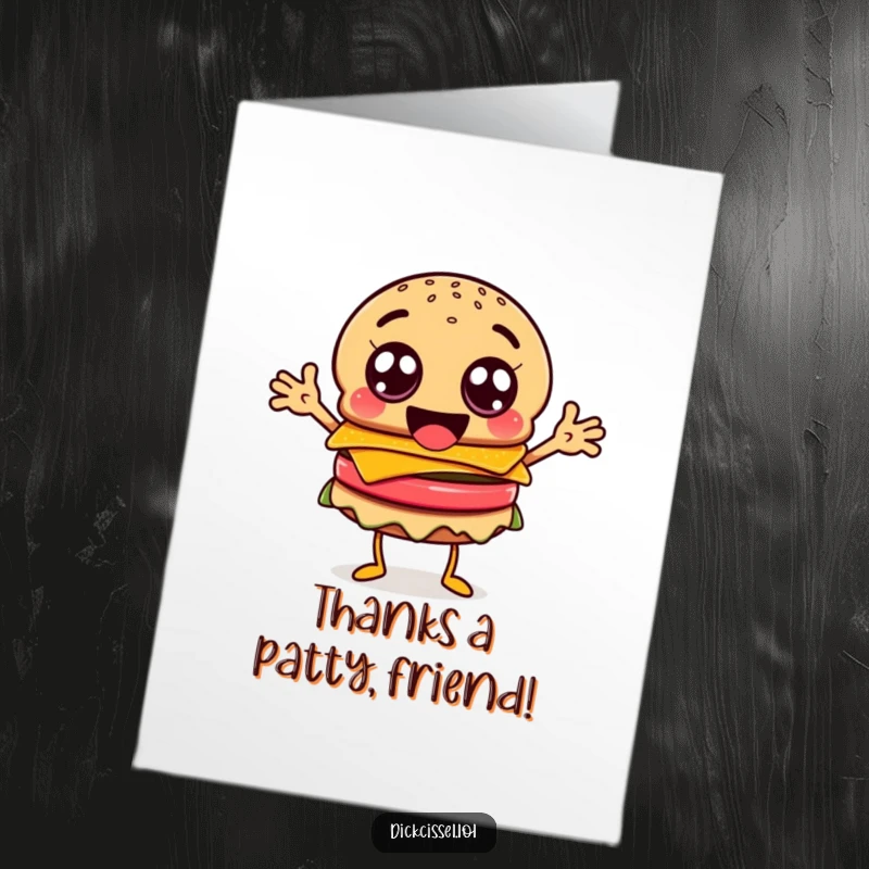 Funny free printable thank you card of a burger character with googly eyes and wild, flailing arms, expressing extreme gratitude. So much thanks!