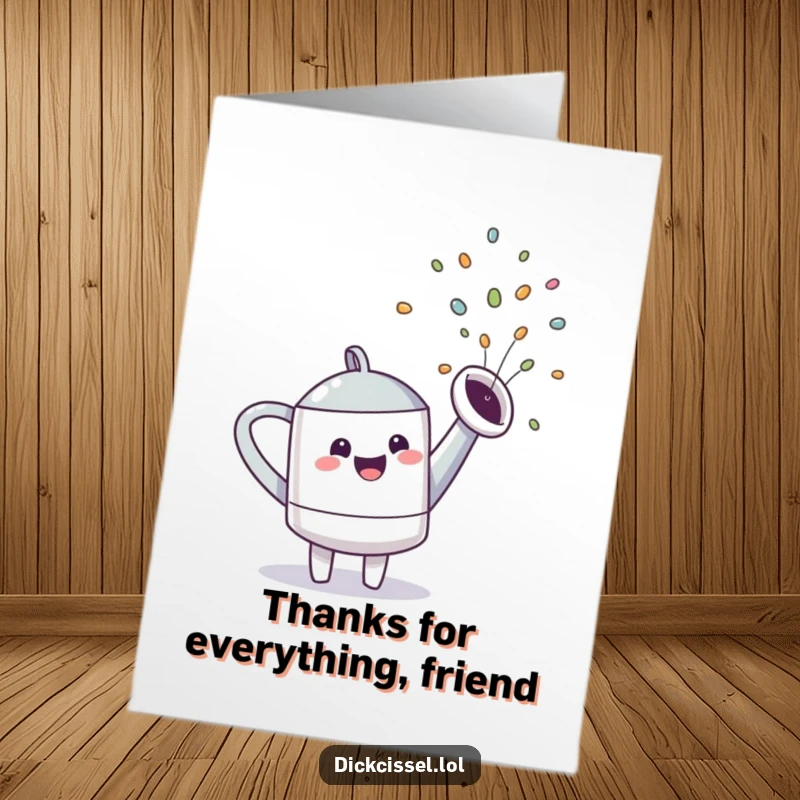 Funny Free Printable watering can character spraying a beautiful rainbow, ideal for a heartfelt thank you.