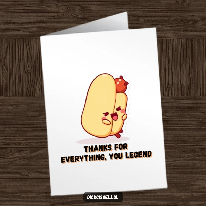 Funny free printable thank you card featuring a smiling hot dog character who hilariously tripped over its own bun.
