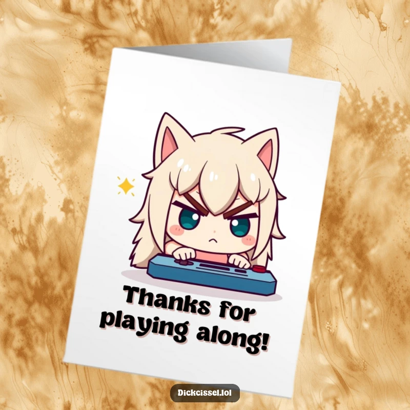 Funny Free Printable Thank You Card: Character with a comically determined expression, focused on a game, expressing thanks.