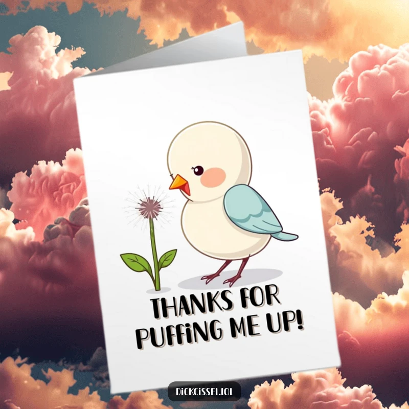 Funny Free Printable Thank You Card: Cute bird playfully pecking a dandelion, a charming way to say thanks.