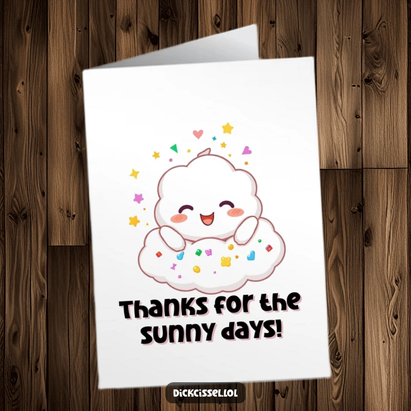 Funny Free Printable Thank You Card: A happy cloud character showering colorful stickers, expressing thanks with a playful downpour.