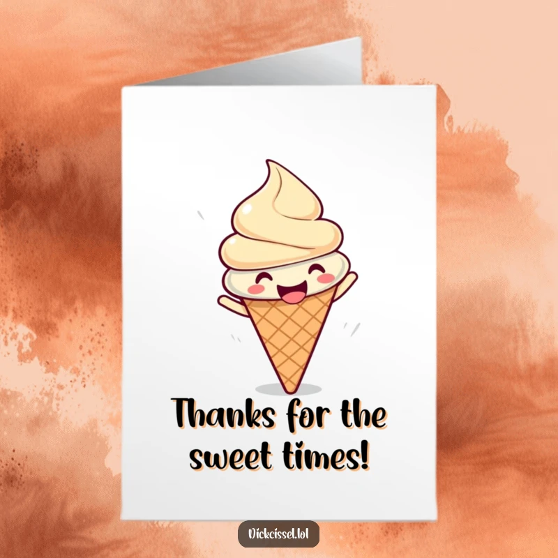 Funny Free Printable Thank You Card of a gleeful ice cream cone doing a joyful spin of appreciation.
