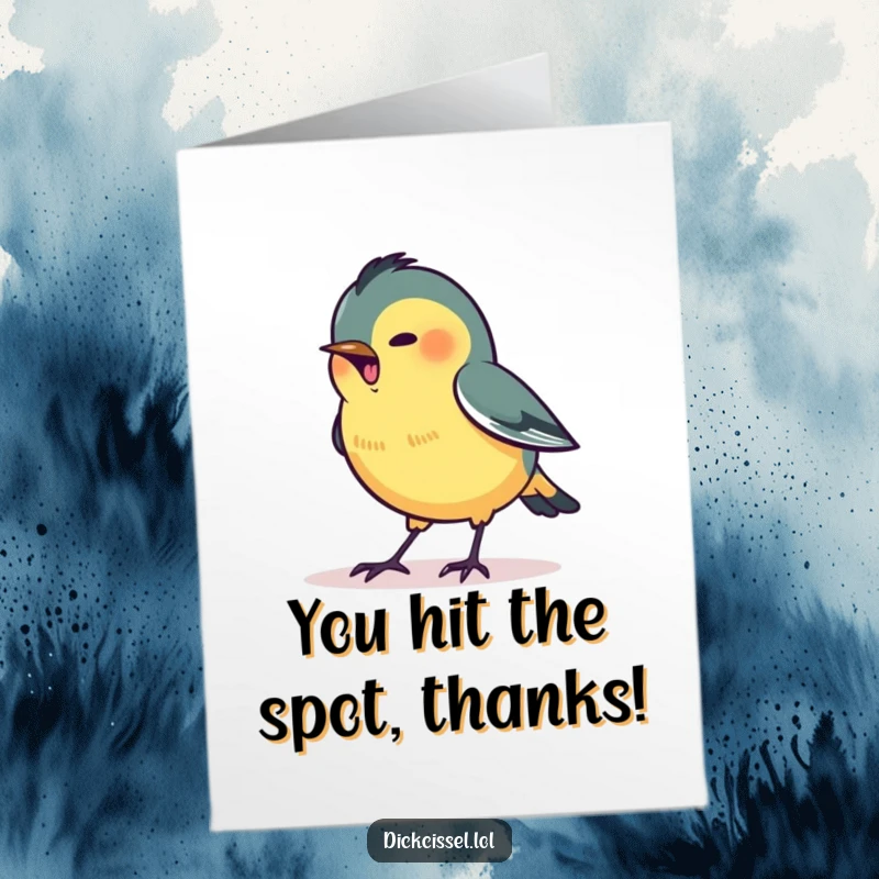 Funny Free Printable Thank You Card with a stylized dickcissel bird determinedly pecking at a small, bright glowing dot.