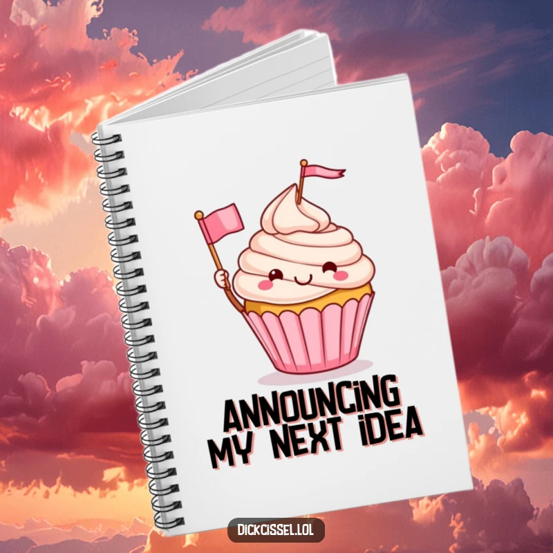 Funny notebook with a delightful cupcake character waving a small flag, perfect for journaling and note-taking, a charming funny gift.