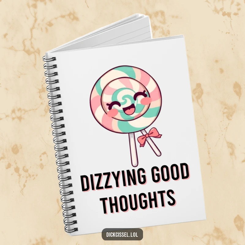 Funny lollipop notebook with a cheerful lollipop spinning with pure glee, perfect for jotting down joyful ideas and daily thoughts.