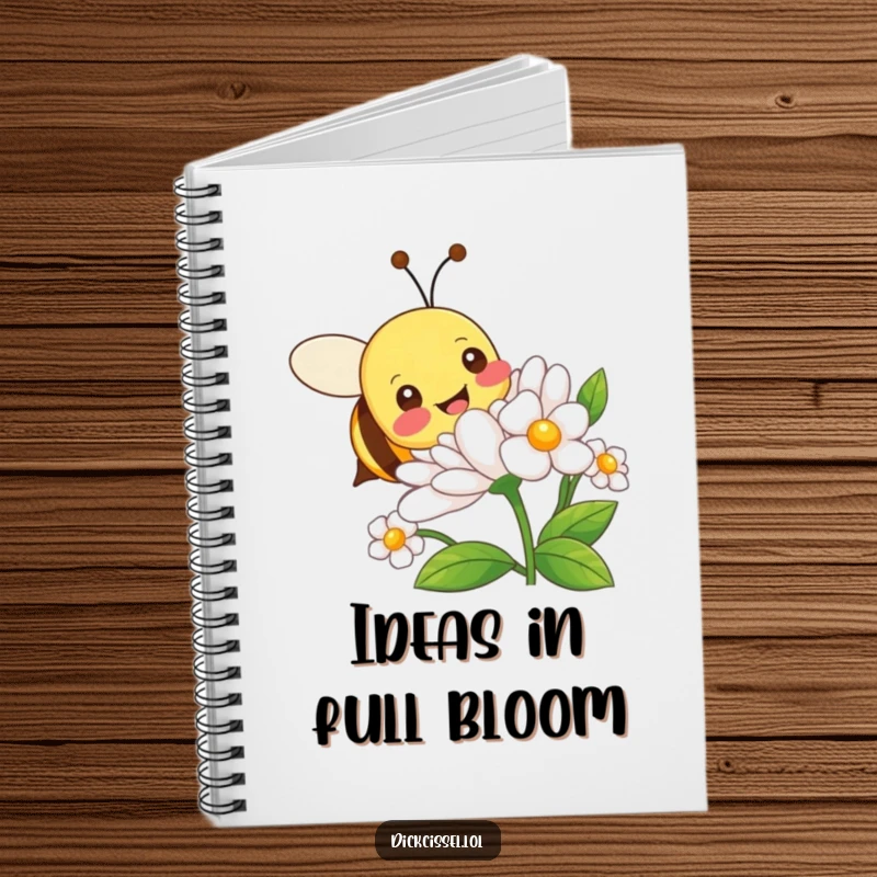 Funny notebook featuring a happy bee character joyfully buzzing around a flower, ideal for capturing thoughts and ideas.