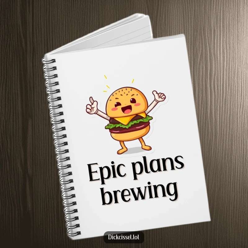 Funny notebook featuring a beaming burger character in a heroic pose, perfect for jotting down plans and ideas, a heroic funny gift.