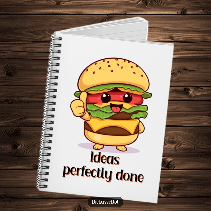Funny Notebook featuring a happy burger character giving a thumbs up, ideal for jotting down notes with a tasty, humorous touch.