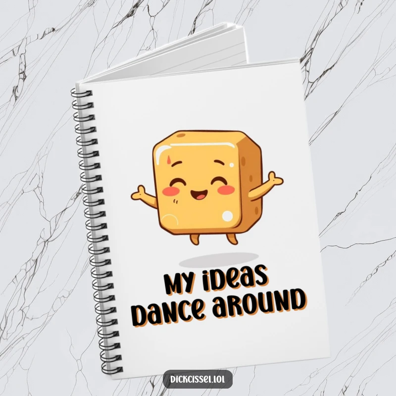 Funny Notebook cover displaying a smiling caramel cube in a joyful, wobbly dance, symbolizing creativity and cheerful expression.
